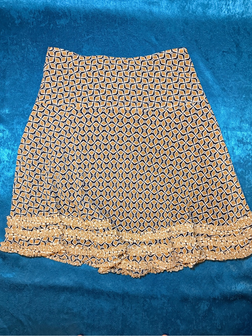 Ruby Rd. Yellow and Navy Geometric A-Line Skirt with Ruffle Hem